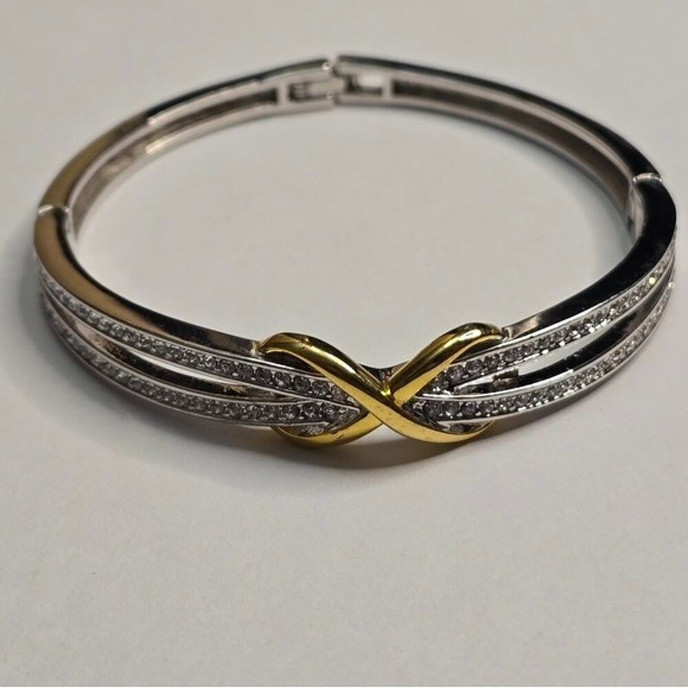House of Harlow Silver Gold Infinity Knot Crystal Pave Hinged Bangle Bracelet